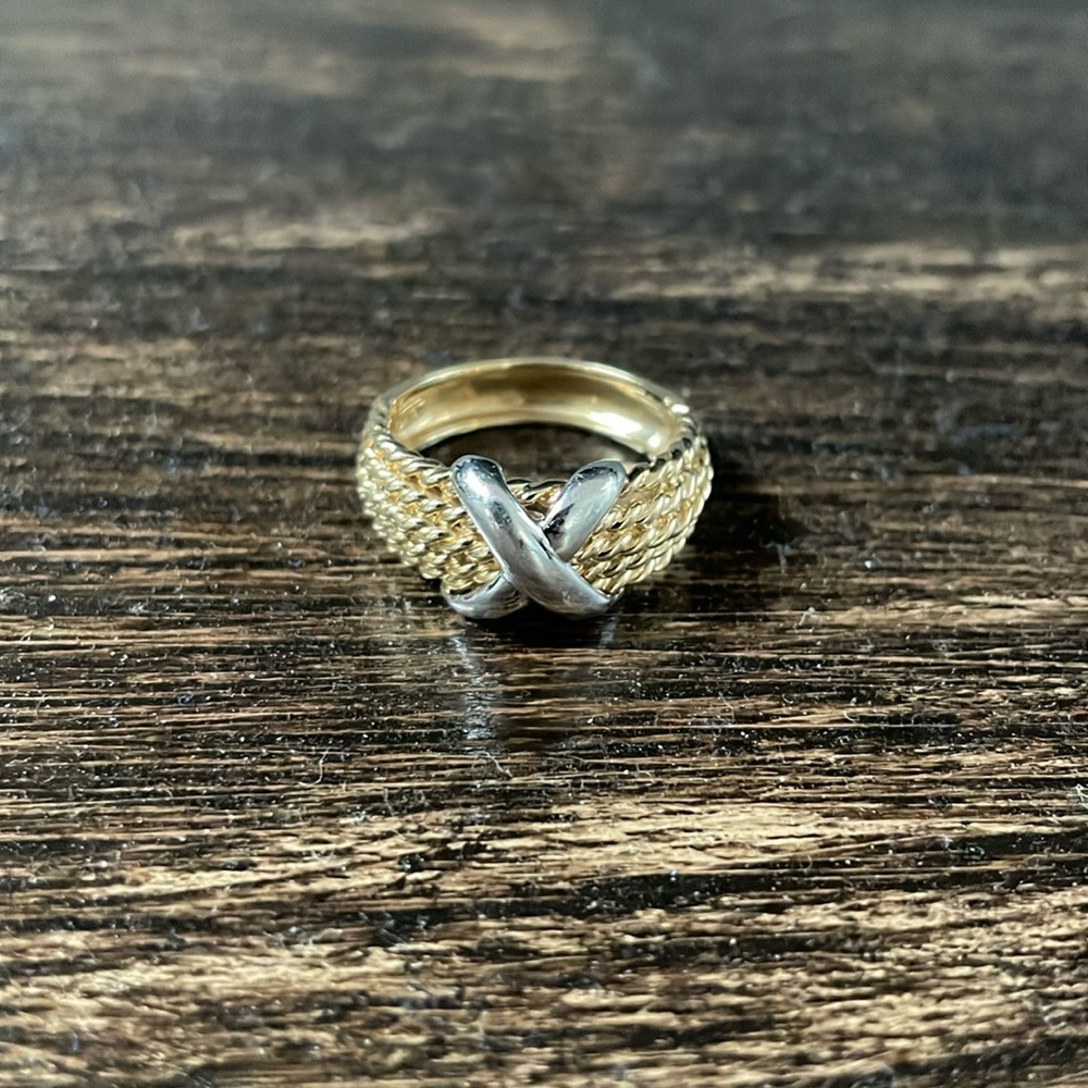 Solid 14k “Schlumberger” style yellow and white gold X ring size 9.5